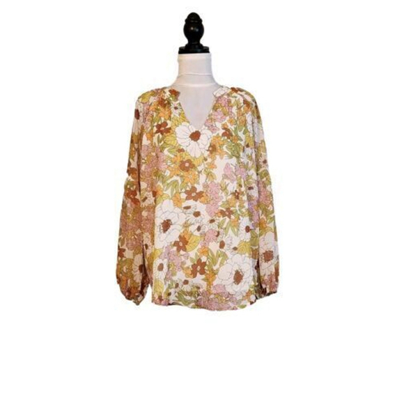 BTFBM Tops - BTFBM Floral Blouse Large Tan Pink V Neck Long Sleeve Boho NWT Spring Fashion